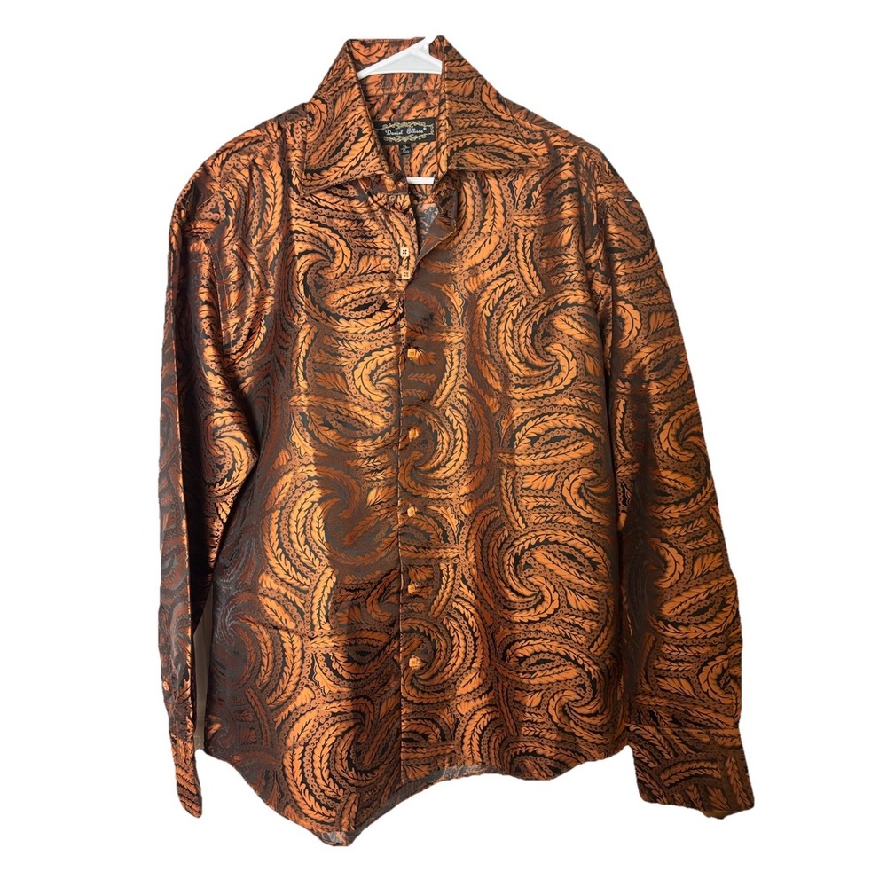 Daniel Ellissa Orange Scroll Satin Dress Shirt 17½ XL Bold Designer Luxury Style